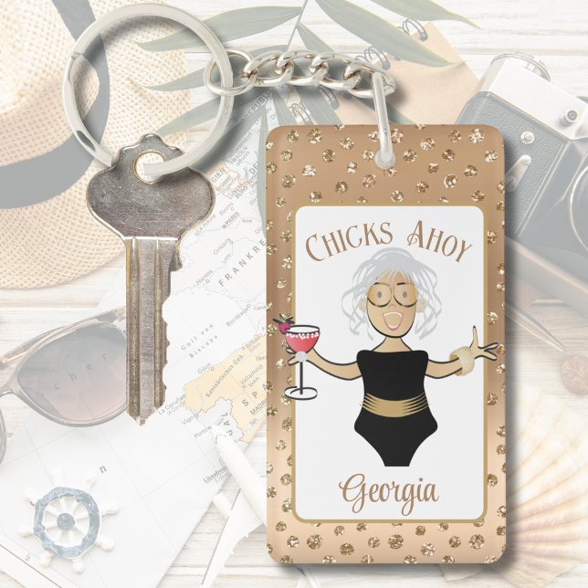 Funny Mature Ethnic Woman Cartoon Cruise Tropical Keychain (Creator Uploaded)