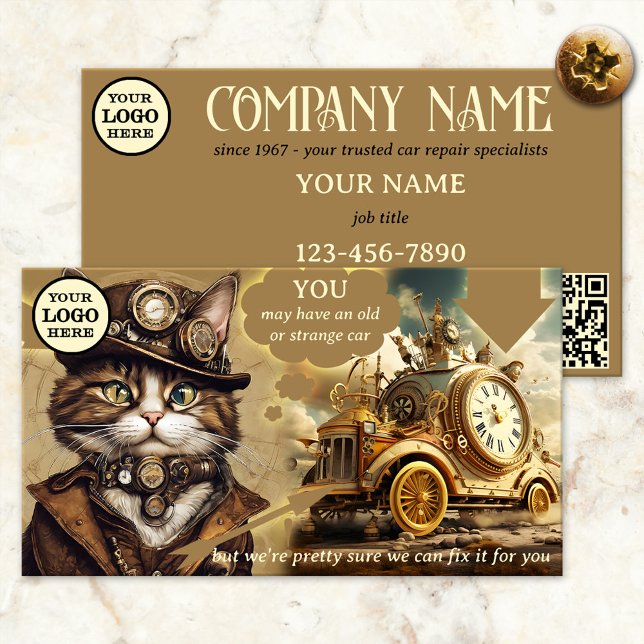 Funny Mechanic Car Repair Garage Business Card (Business card showing a funny and whimsical design with an image of a steampunk cat with odd vehicle)