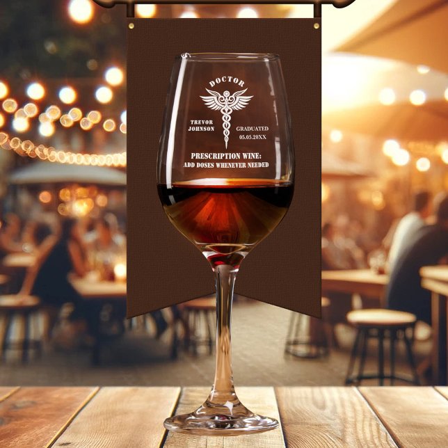 Funny Medical Graduate Doctor Etched Wine Glass (Funny personalized etched wine glass featuring a caduceus - medical professional or graduate)
