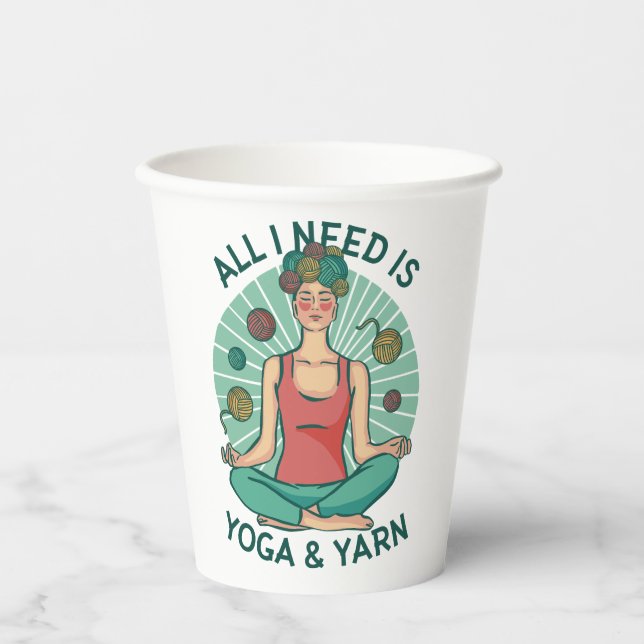 Funny Meditating Knitter for Crafters–Yoga & Yarn Paper Cups (Front)