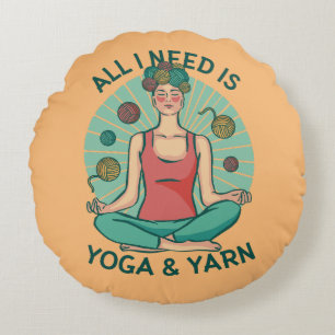 Funny Meditating Knitter for Crafters–Yoga & Yarn Round Pillow