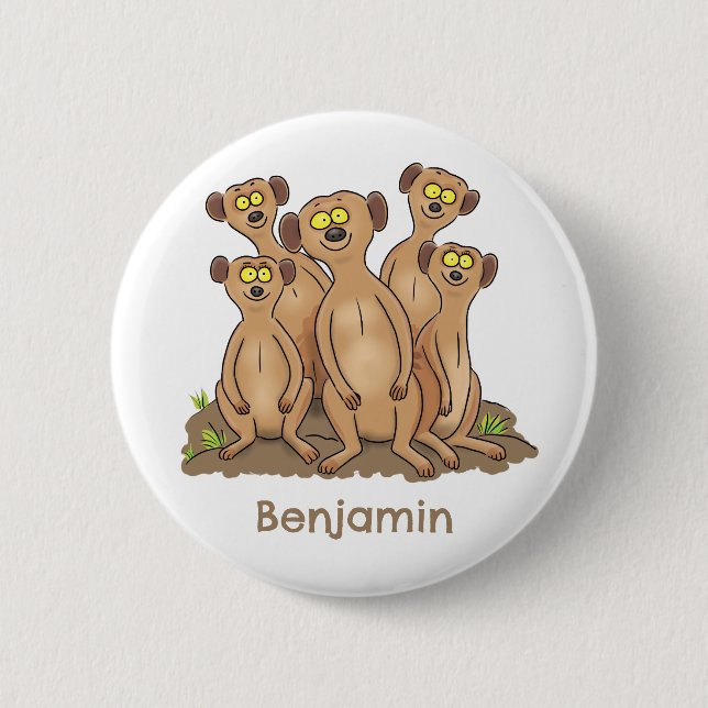 Funny meerkat family cartoon illustration button (Front)