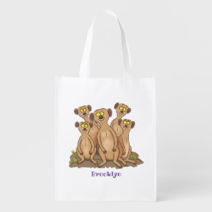 Funny meerkat family cartoon illustration grocery bag