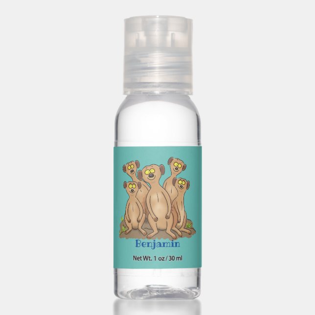 Funny meerkat family cartoon illustration hand sanitizer (Front)