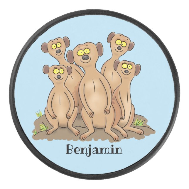 Funny meerkat family cartoon illustration hockey puck (Front)