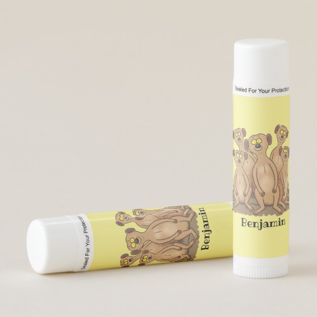 Funny meerkat family cartoon illustration lip balm (Front)