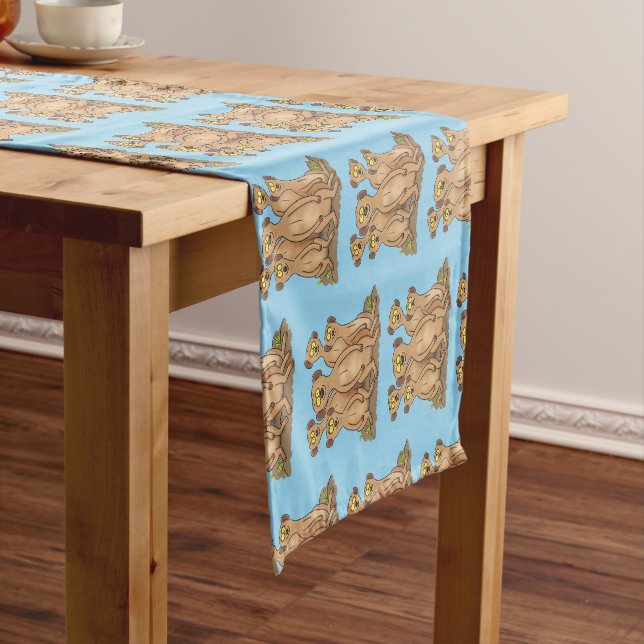 Funny meerkat family cartoon illustration short table runner (In Situ)