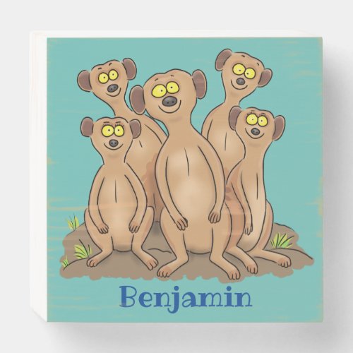 Funny meerkat family cartoon illustration wooden box sign