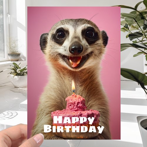 Funny Meerkat with Candle Cake _ Happy Birthday Card