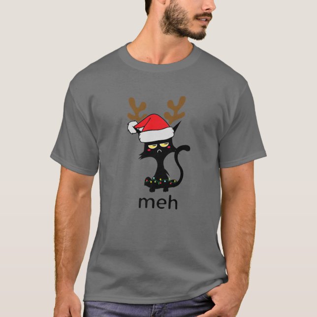 Funny Meh Cat For Cat Lovers Ugly Christmas Frown T-Shirt (Front)