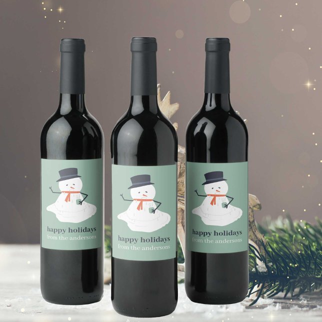 Funny Melting Snowman Holiday Custom Family Name Wine Label (Creator Uploaded)