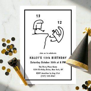 Funny Meme Humor Simple Black White 13th Birthday Invitation