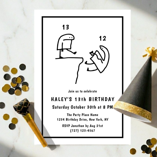 Funny Meme Humor Simple Black White 13th Birthday Invitation (Creator Uploaded)