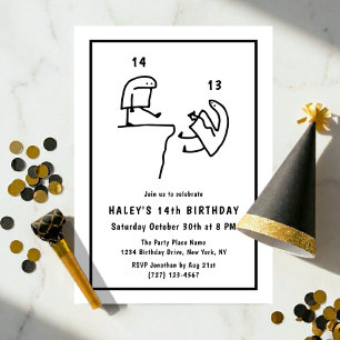 Funny Meme Humor Simple Black White 14th Birthday Invitation