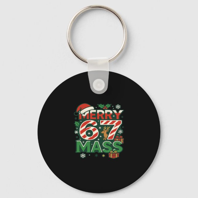 Funny Meme Merry 67 M Candy Cane Christmas Numbers Keychain (Front)
