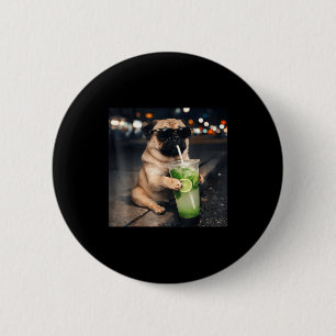 Funny meme pug drinking mojito lime mint button