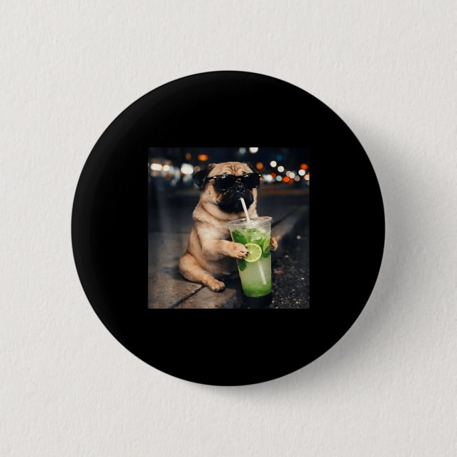 Funny meme pug drinking mojito lime mint  button (Front)