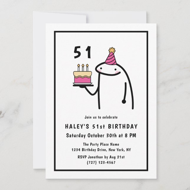 Funny Meme Simple Black & White 51st Birthday Invitation (Front)