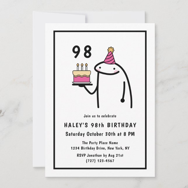 Funny Meme Simple Black & White 98th Birthday Invitation (Front)