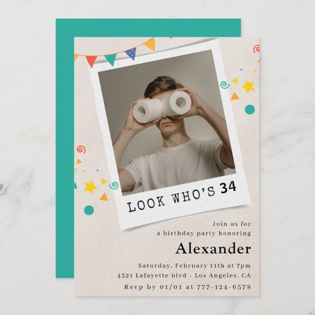 Funny Men 34th birthday invitations Fun Photo (Front/Back)