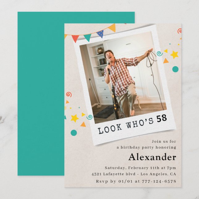 Funny Men 58th birthday invitations Fun Photo (Front/Back)