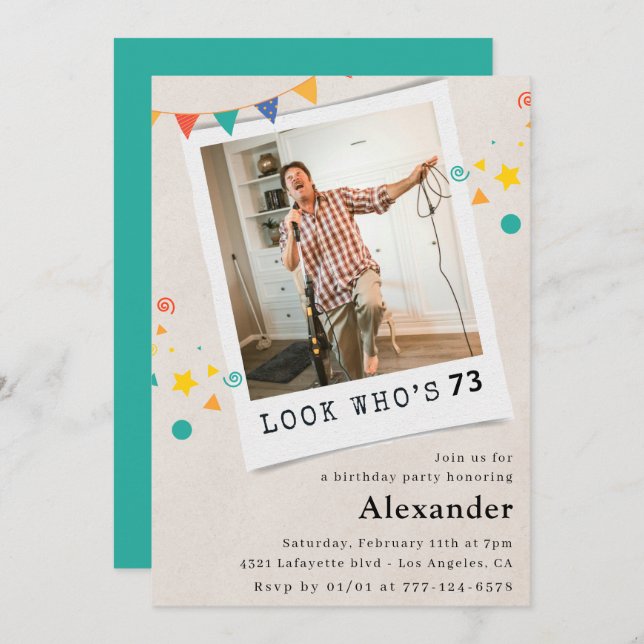 Funny Men 73rd birthday invitations Fun Photo (Front/Back)