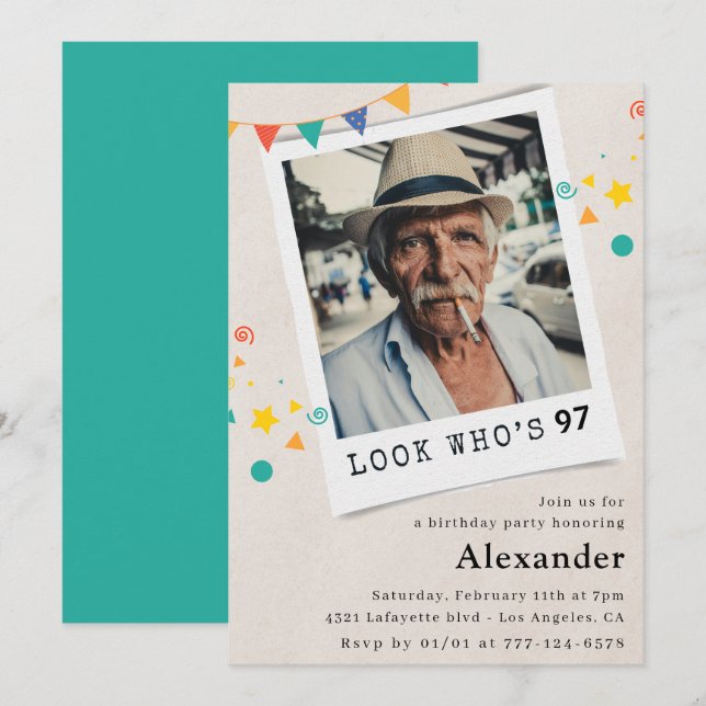 Funny Men 97th birthday invitations Fun Photo (Front/Back)