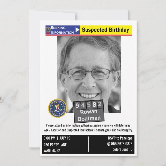 Funny Mens Birthday Humorous Police Mugshot Joke  Invitation (Front)