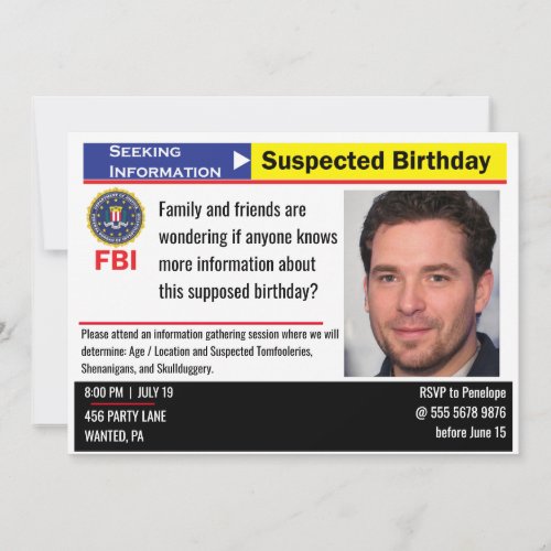 Funny Mens Birthday Suspect Seeking Information Invitation