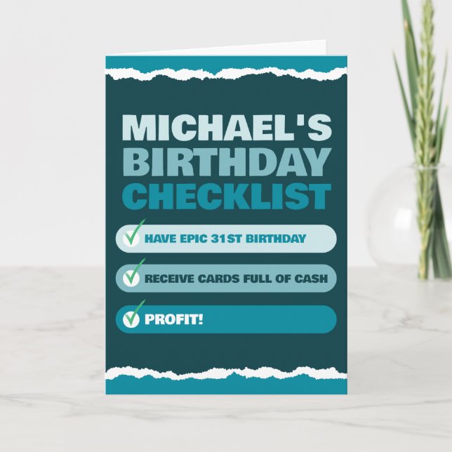 Funny Men's Name Blue Checklist Profit Birthday  Card (Front)
