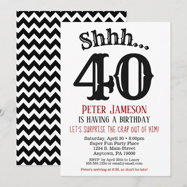Funny Men's Surprise Party Invitation Black White (Front/Back)