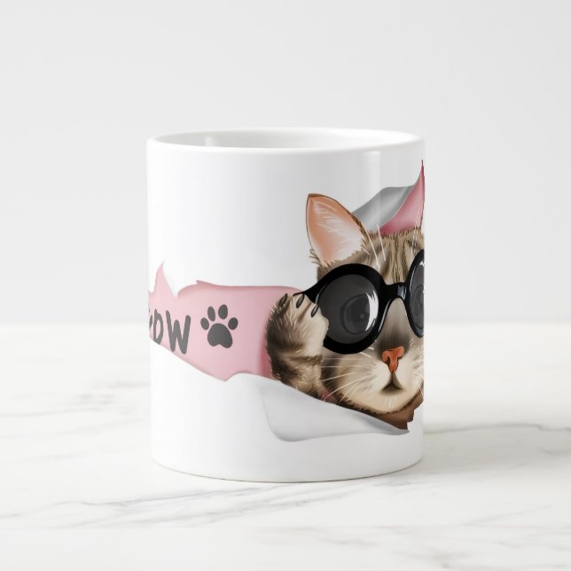 Funny “Meow” Cat with Glasses Design Giant Coffee Mug (Front)