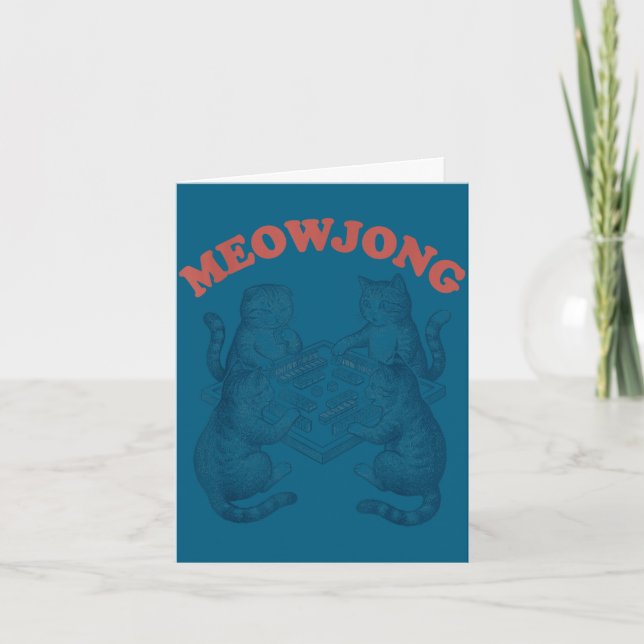 Funny meowjong cat playing mahjong retro  card (Front)