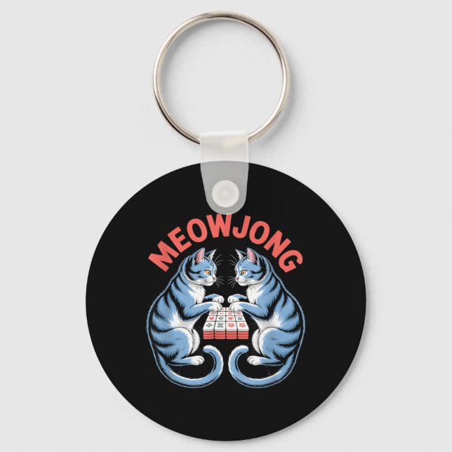 Funny Meowjong Cats Playing Mahjong Tiles Humorous Keychain (Front)