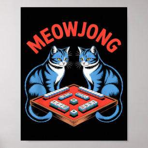 Funny meowjong cats playing mahjong tiles humorous poster
