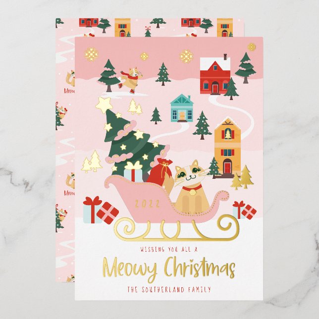 Funny Meowy Cat Christmas Sleigh Winter Village  Foil Holiday Card (Front/Back)