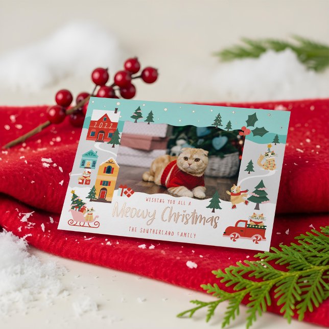 Funny Meowy Cat Christmas Snowy Winter Scene Photo Foil Holiday Card (Funny Meowy Cat Christmas Snowy Winter Scene Photo Foil Holiday Card)