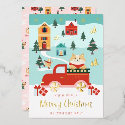 Funny Meowy Cat  Red Truck Winter Town Scene Foil Holiday Card