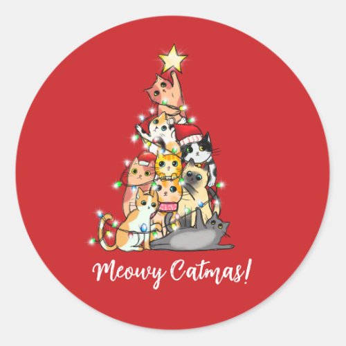 Funny Meowy Catmas Cats Christmas Tree Classic Round Sticker