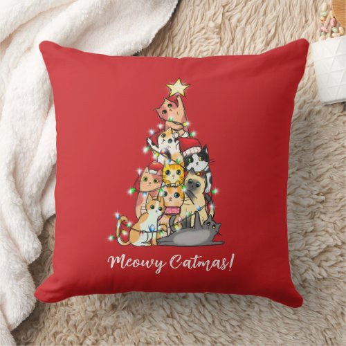 Funny Meowy Catmas Cats Christmas Tree Green Throw Pillow