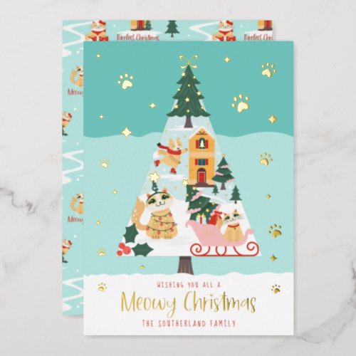 Funny Meowy Cats Christmas Tree Snowy Winter Scene Foil Holiday Card