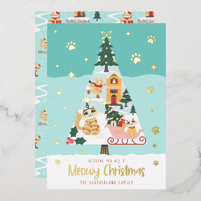 Funny Meowy Cats Christmas Tree Snowy Winter Scene Foil Holiday Card (Front/Back)