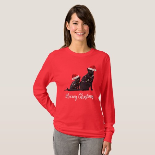 Funny Meowy Christmas Black Cats Santa Hat T_Shirt