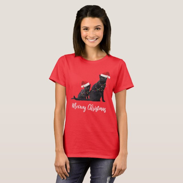Funny Meowy Christmas Black Cats Santa Hat T-Shirt (Front Full)