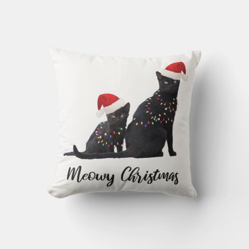 Funny Meowy Christmas Black Cats Santa Hat Throw Pillow