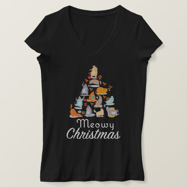 Funny Meowy Christmas Cat Lovers T-Shirt (Design Front)