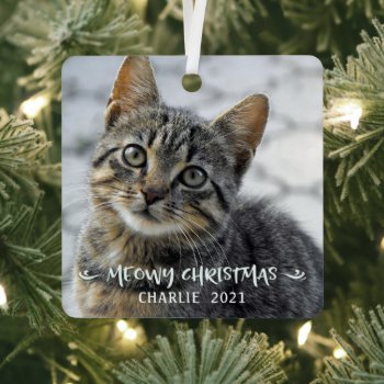 Funny Meowy Christmas Cat Name 2 Photo  Metal Ornament by MakeItAboutYou at Zazzle