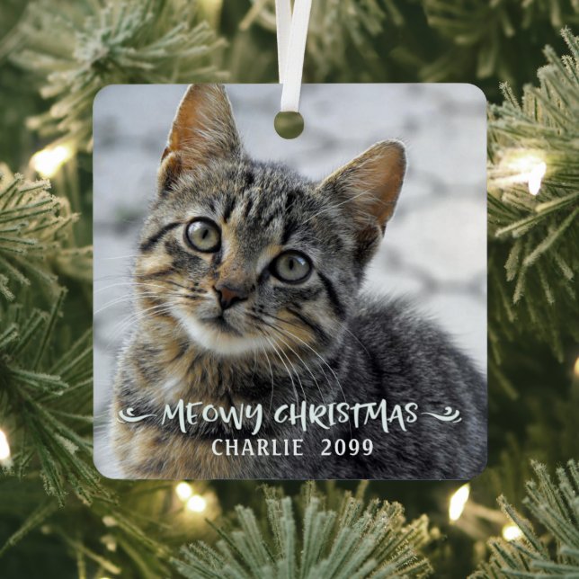 Funny MEOWY CHRISTMAS Cat Name 2 Photo  Metal Ornament (Insitu)