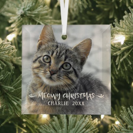 Funny Meowy Christmas Cat Photo Glass Ornament