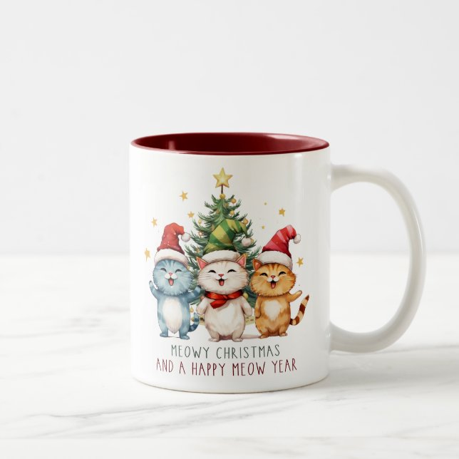 Funny Meowy Christmas Happy New Year Cats Two-Tone Coffee Mug (Right)